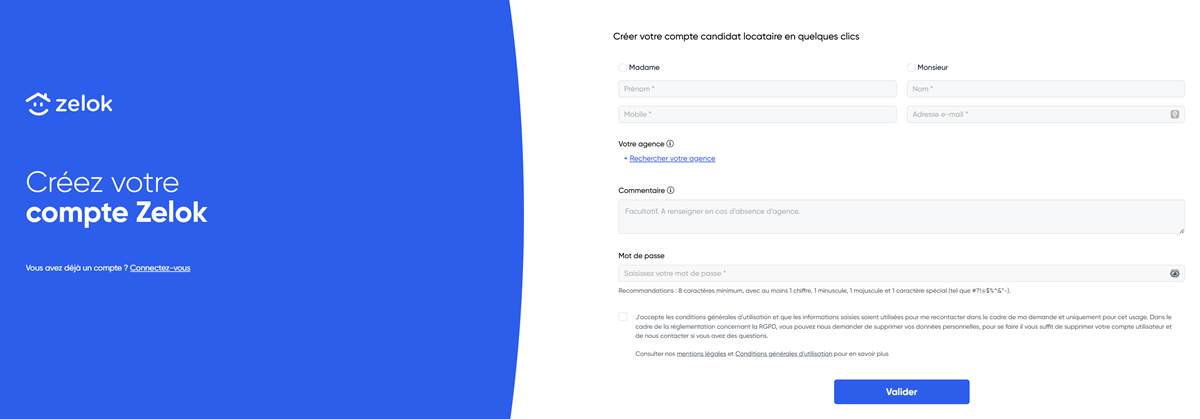 Formulaire Zelok de saisie des informations du dossier locataire
