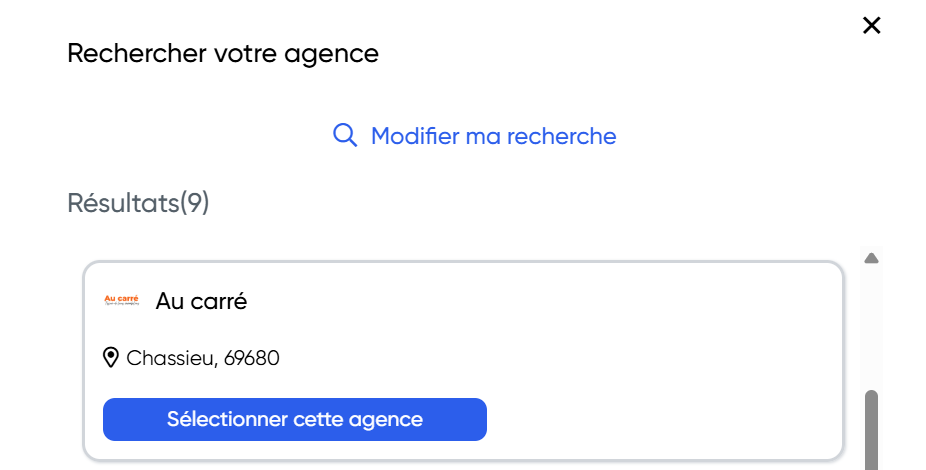 Résultat de recherche Zelok affichant l'agence Au carré et le bouton Sélectionner cette agence